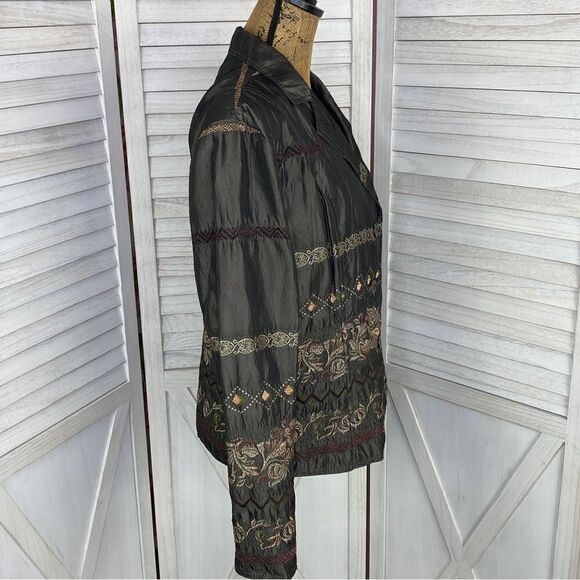 ELCC Vintage Embroidered Taffeta Blazer Jacket Gray Large Button Front - Picture 3 of 15